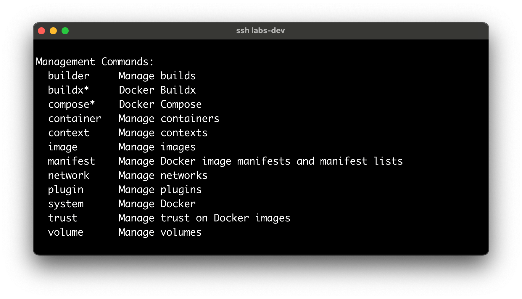 The list of Docker Management Commands.